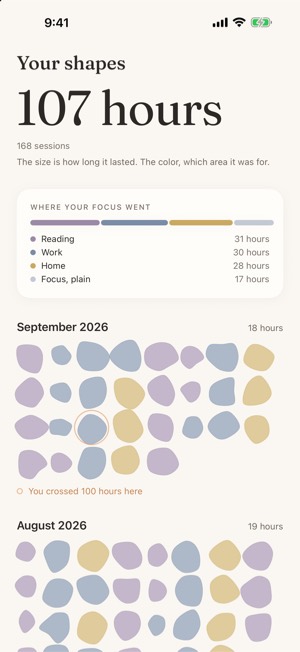 Your shapes: 107 hours of focus, one shape per session, colored by area.