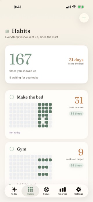 Habits: 167 check-ins, a 31-day streak for making the bed and a weekly gym goal.