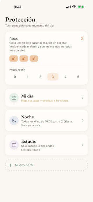 La pantalla de Protección: tres pases al día y perfiles para el día, la noche y el estudio.